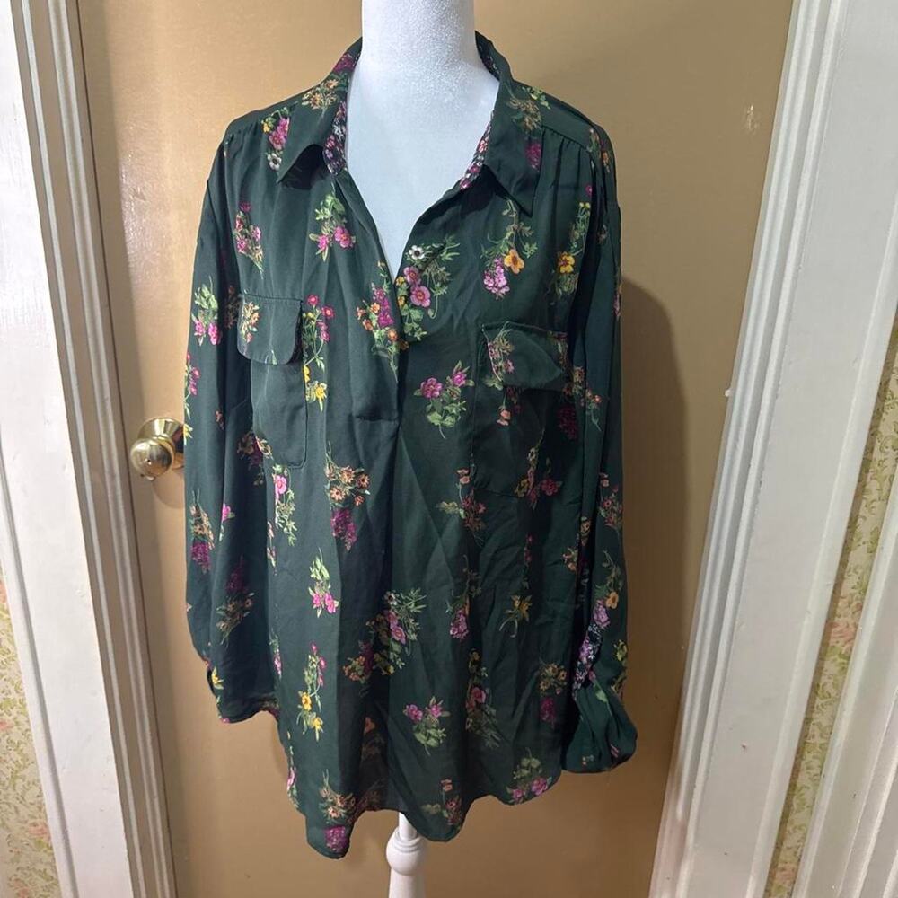 Green floral button up blouse with